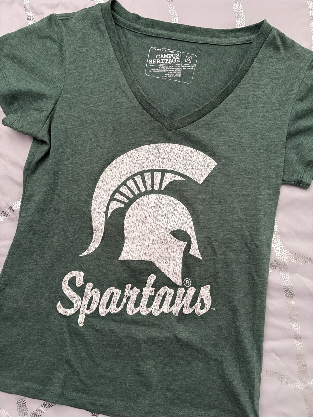 Campus Heritage Spartans V-Neck Tee in Green and White Graphic